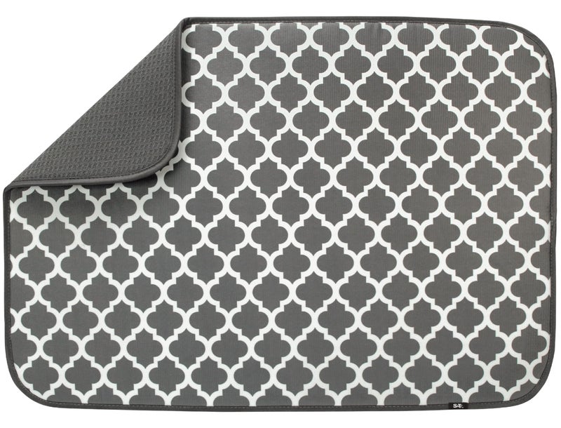 S&T INC. Dish Drying Mat XL, 18” x 24”, Absorbent Microfiber Kitchen Counter Mat, Dish Drying Pad for Dishes, Utensils, Pots and Pans, Extra Large, Pewter Grey Trellis - Image 1